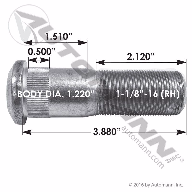 Automann 201.6176R Wheel Stud Right Handed 1-1/8" X 3.88"