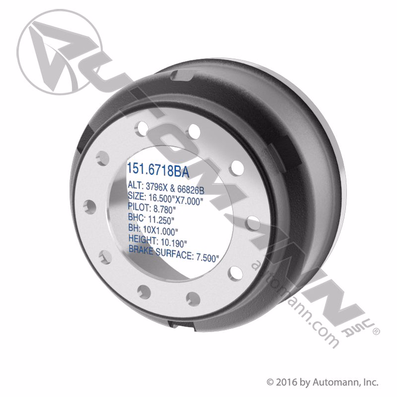 Automann 151.6718BA Brake Drum 16.5 in X 7.0 in, Same AS 3796X
